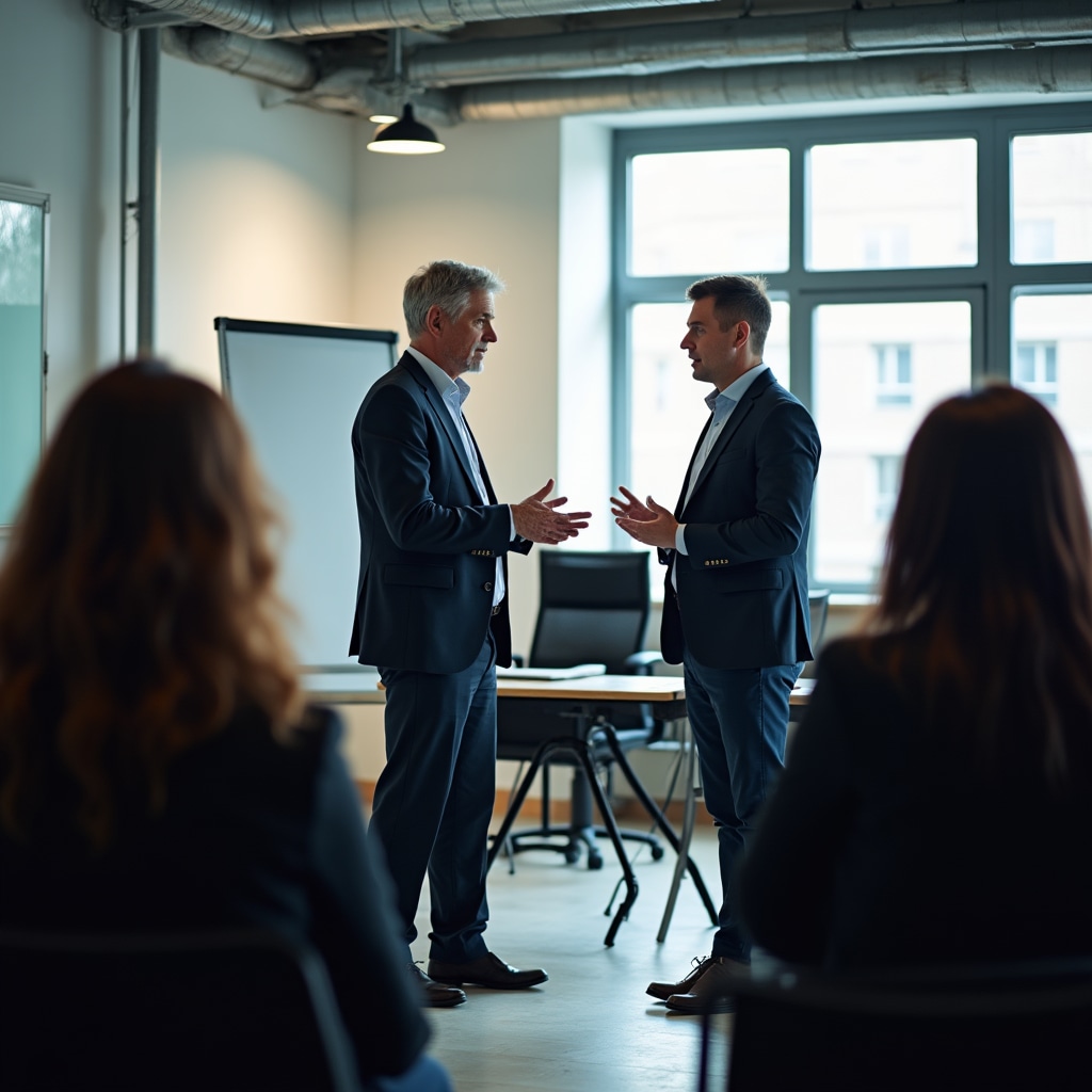 Trainer facilitating practical negotiation exercise contrasting theory with applied technique