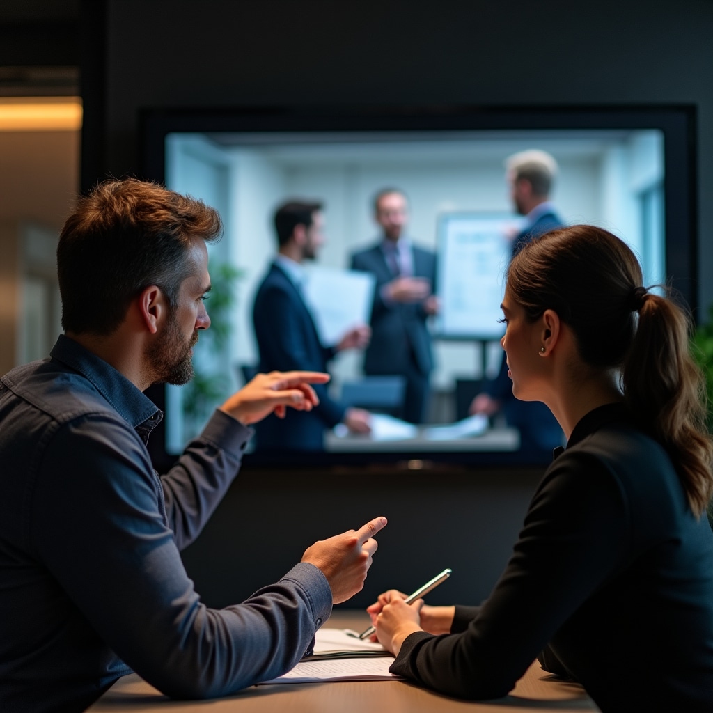 Trainer reviewing negotiation video footage with participant during structured debrief